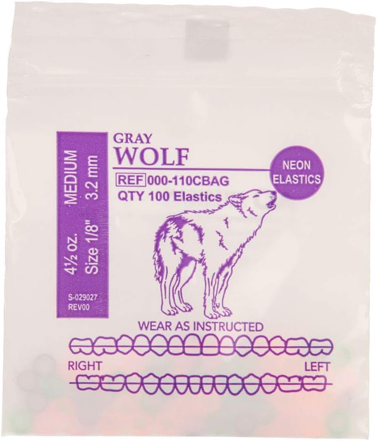 American Orthodontics Elastics Wildlife Wolf | Assorted Neon, Medium, 4.5 Oz, 1/8" Size, 75 Packs Per Box, 7,500 Elastics | Made in The USA | Neon Colors, Top Quality Latex Tubing