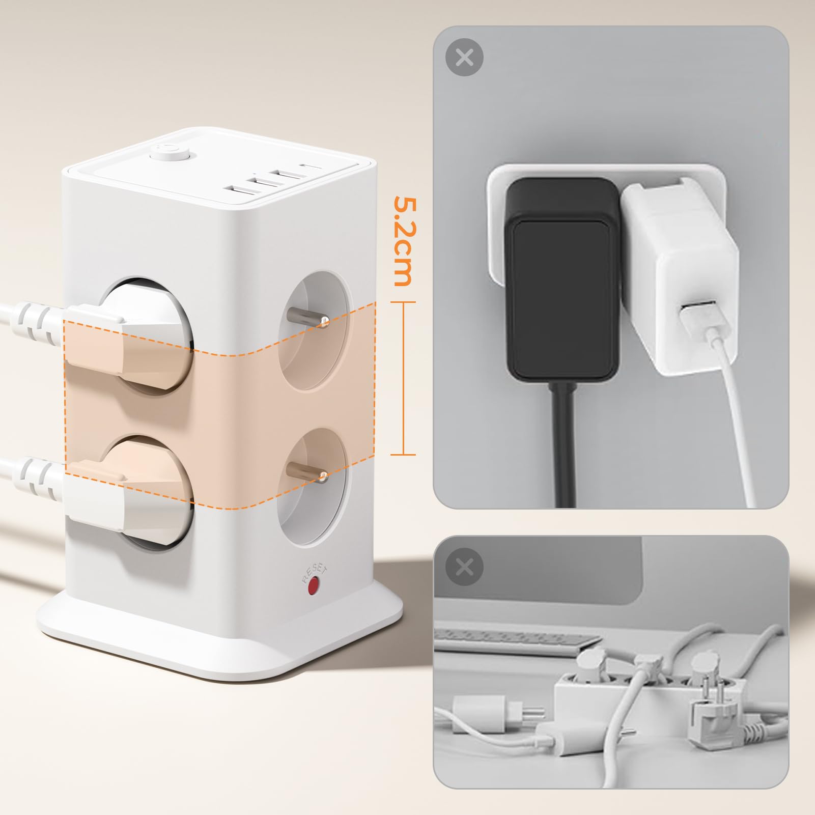 12-in-1-Mehrfachsteckdose mit Schalter, Steckdosenleiste mit 8 AC-Steckdosen mit 4 USB-Anschlüssen, Steckdosenleiste Überspannungsschutz und Überspannung mit Schalter, 3680 W, Kabel 3 m, für Haus
