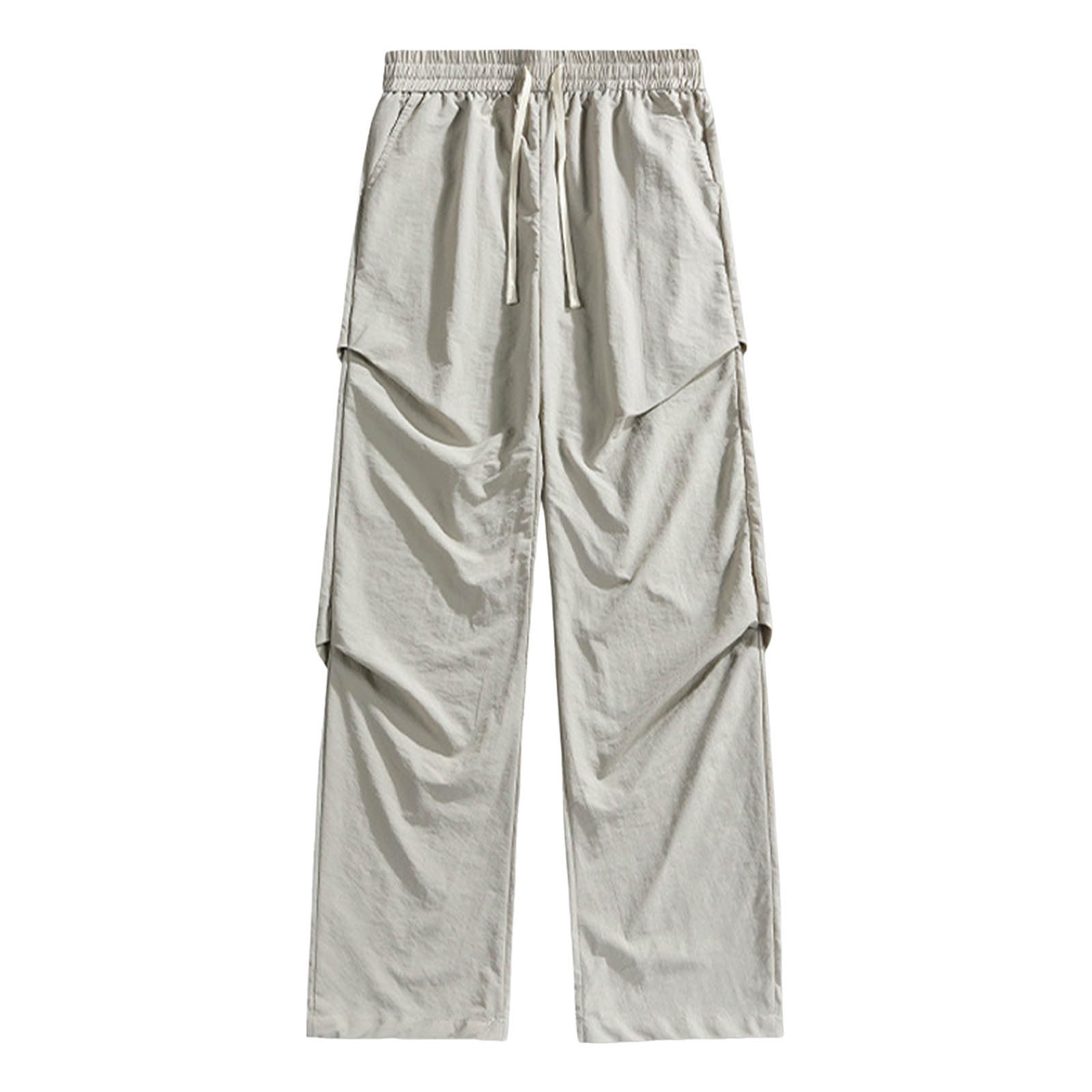 Men's Casual Summer Pants Straight Leg Elastic Waist Lightweight Breathable Comfortable Loose Fit (Light Gray, L)