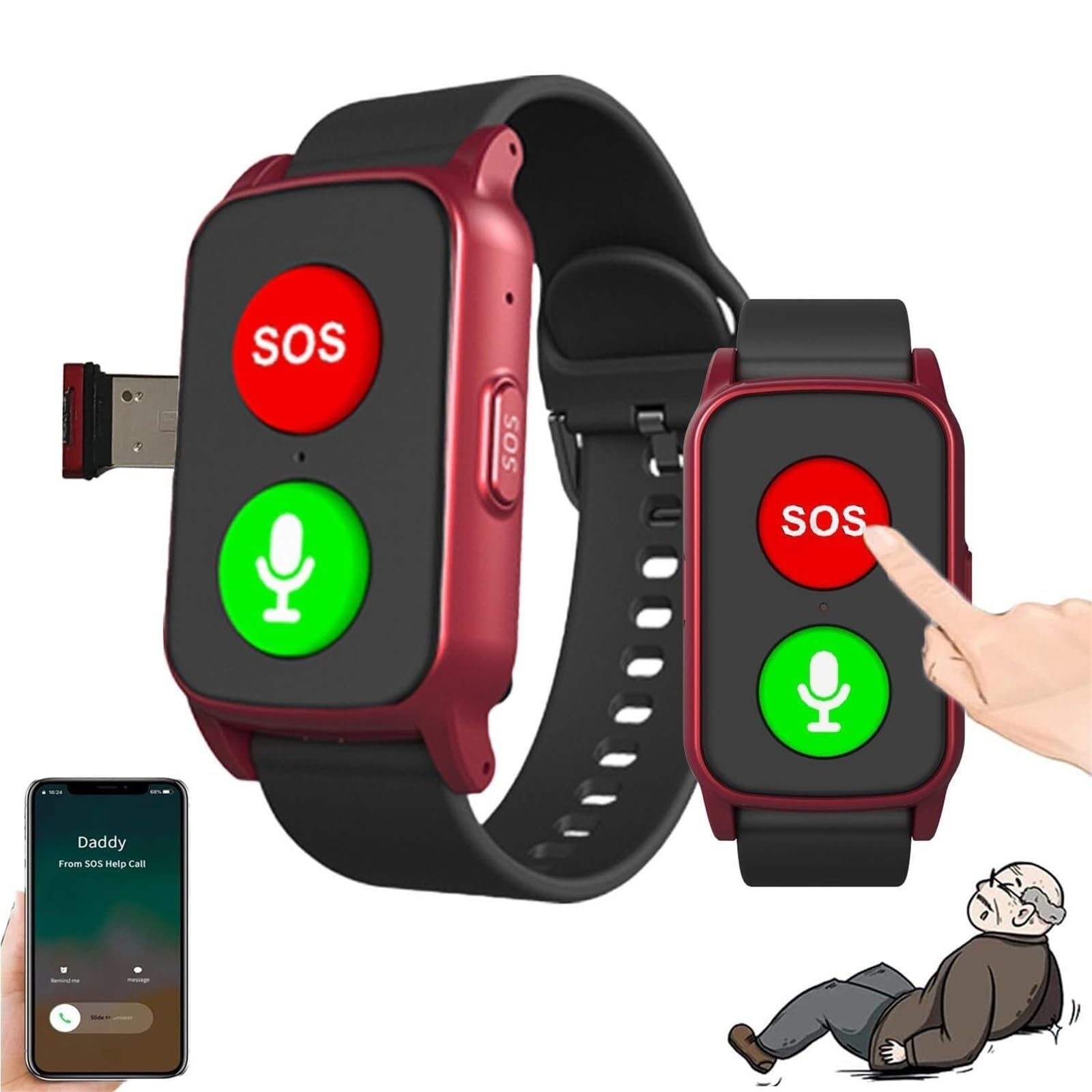 Mothdust Orologio Rilevamento Cadute per Anziani Braccialetto GPS Impermeabile IP67 Cardiofrequenzimetro Temperatura Smartwatch per Demenza Alzheimer Autismo Pulsante SOS(Red)