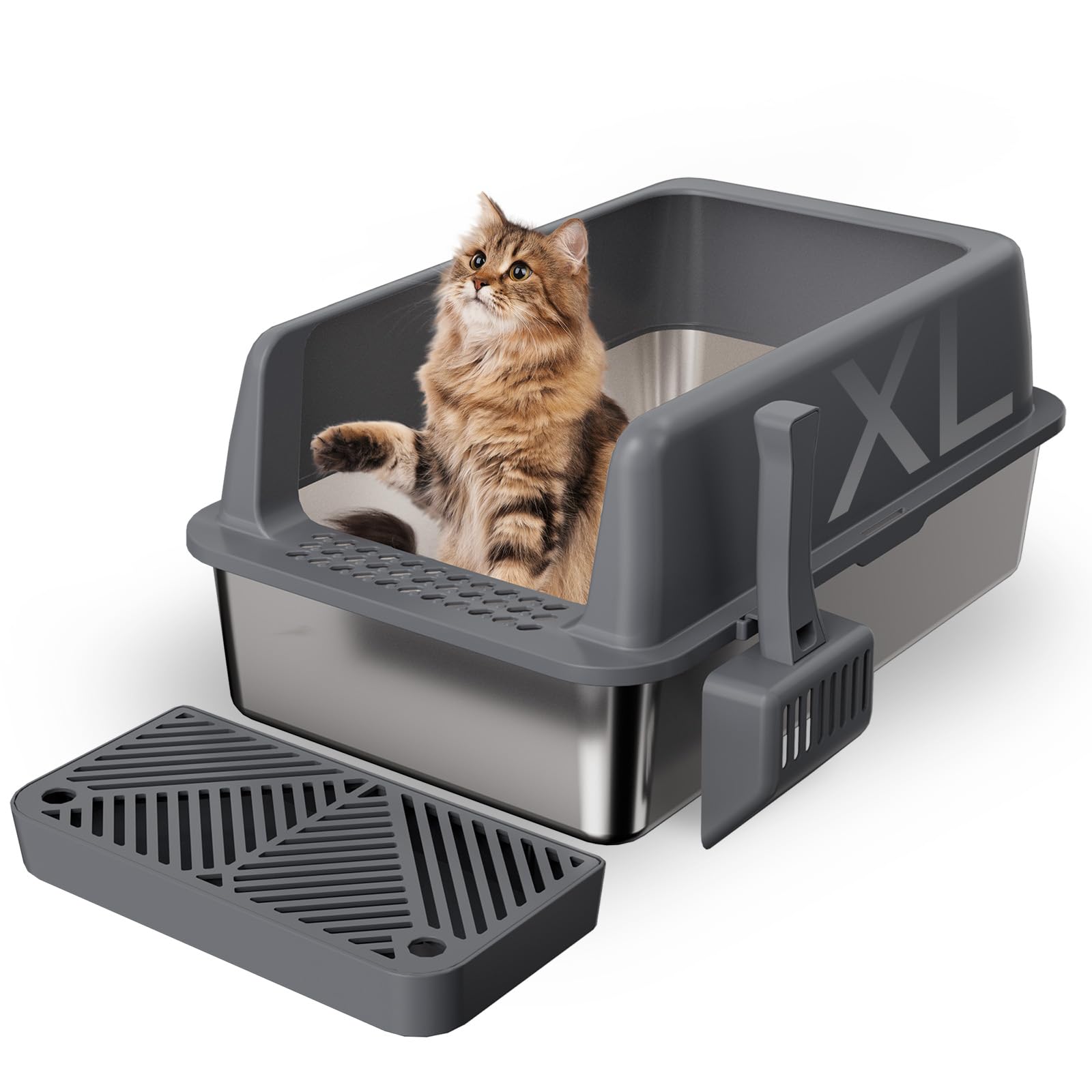 Gimars 35L High Sided Metal Litter Box with ABS Lid, Anti-Spillage & Odor Control – Stainless Steel Cat Litter Tray for All Cats & Kittens with Scoop & Pedal, 58x38x26cm