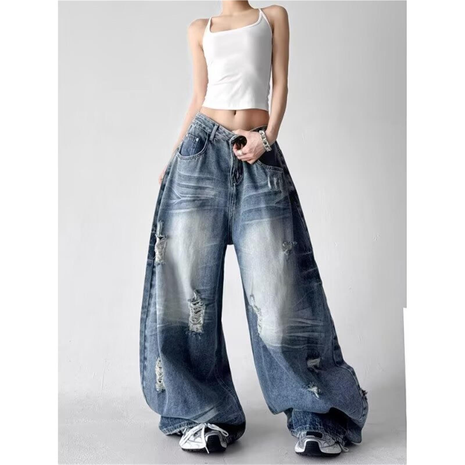 Pantaloni Denim Vintage Americano Strappati Gamba Larga Dritto Baggy Donna