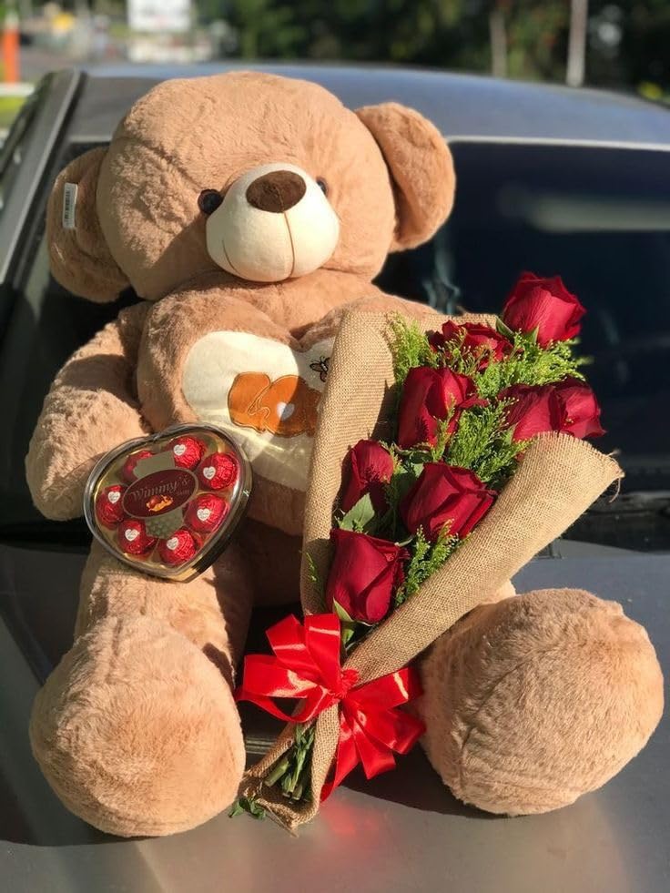 Plush Teddy Bear Gift Set with Red Roses Bouquet and Chocolate Heart Box, Brown, Romantic Valentine's Day Gift