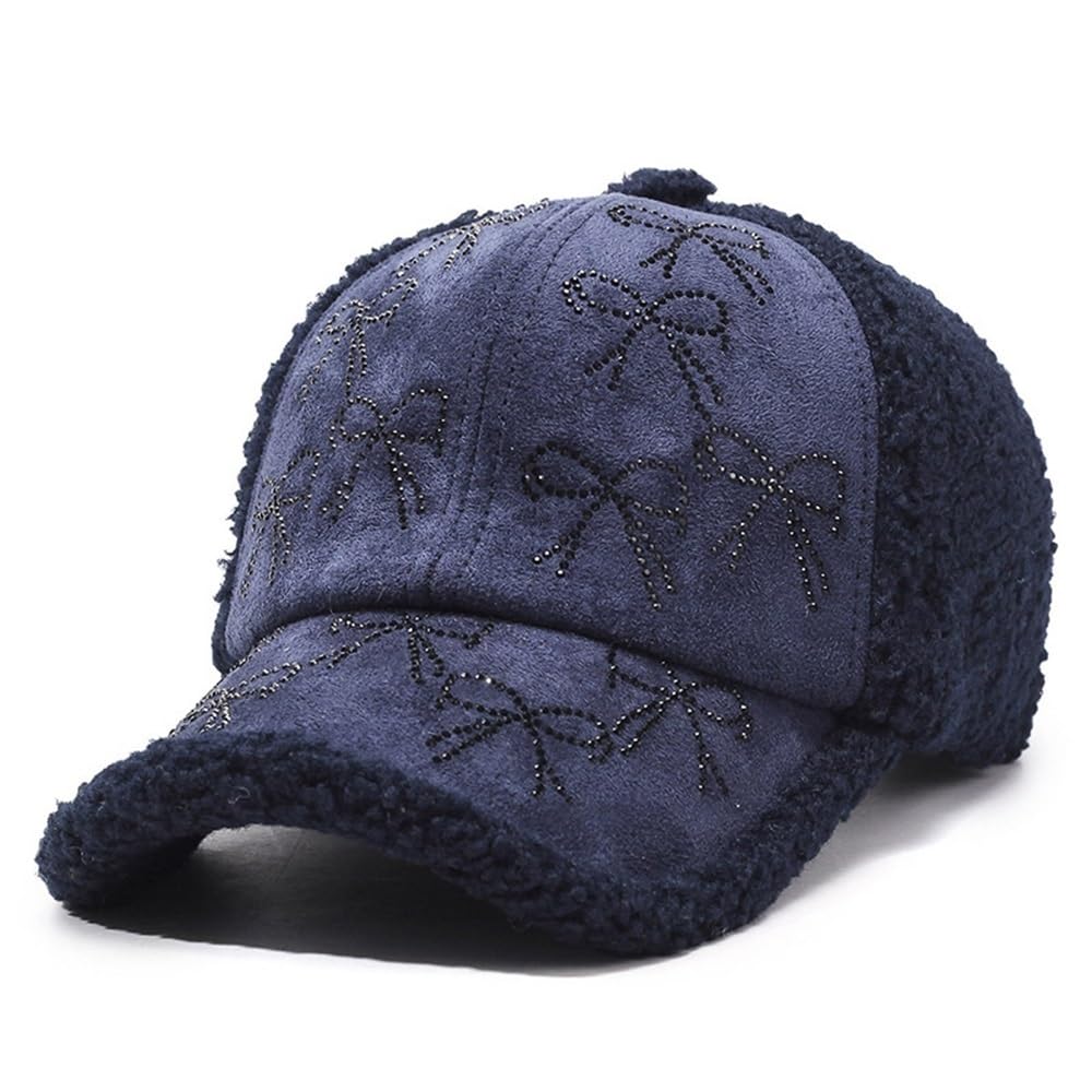 Casquette de baseball en peluche bleu marine unisexe avec nœud en strass