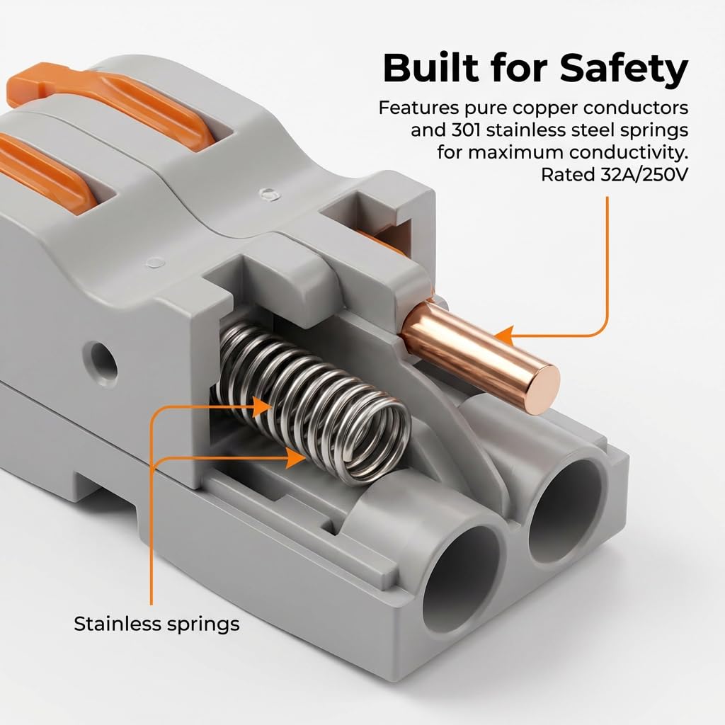 Electrical Wire Connectors, Double Wire Push-in Terminal, Fire-Resistant Lever Lock Connectors – Tool-Free Quick Connect Kit for Home, Auto, LED Strip Wiring (50)