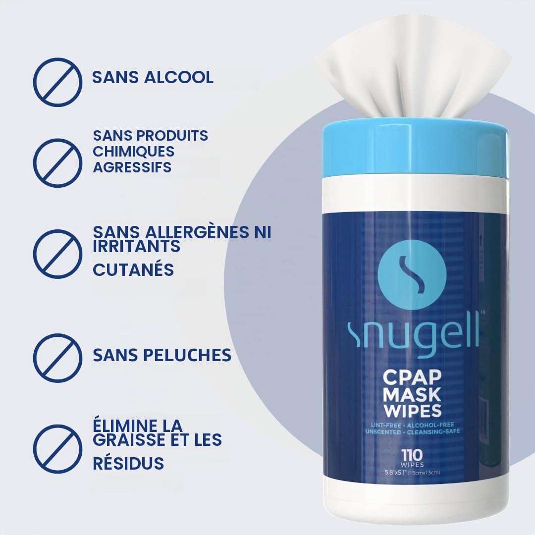 Snugell Lingettes pour masque CPAP non parfumées – 110 unités (lot de 3) – 100 % coton doux – Sans peluches et sans alcool – Formule sans danger pour la peau à l'aloe vera – Boîte facile à ouvrir