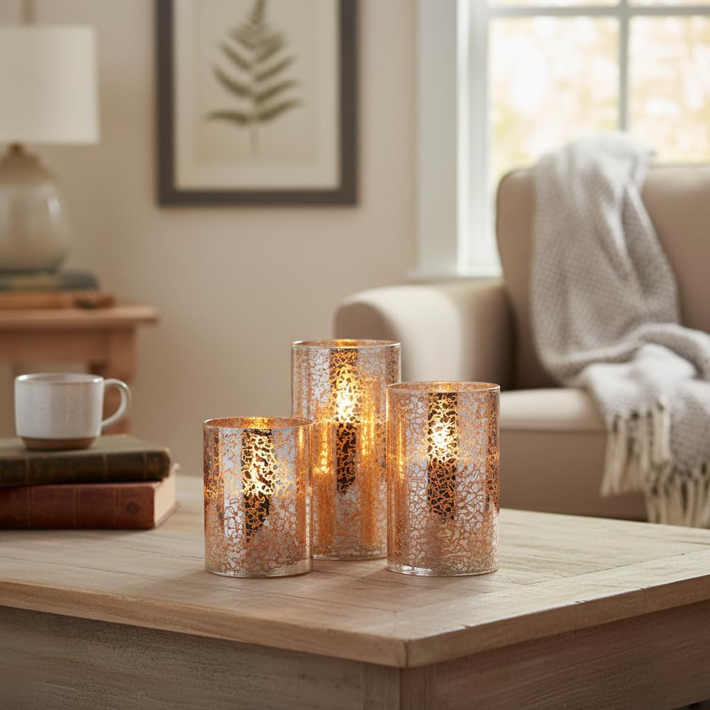 Silver Mercury Glass Flameless LED Pillar Candles Set of 3 – Warm White Flicker, Remote & Timer, Batteries Included, for Spring Weddings, Home Decor &