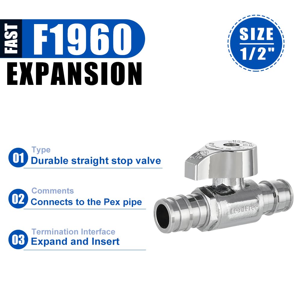 Pro EFIELD - Paquete de 15 válvulas de parada recta de 1/4 de giro Pex-A, expansión en frío de 1/2 pulgada Pex x 1/2 pulgada Pex cromada, ASTM F1960, resistente, hecho de latón LF
