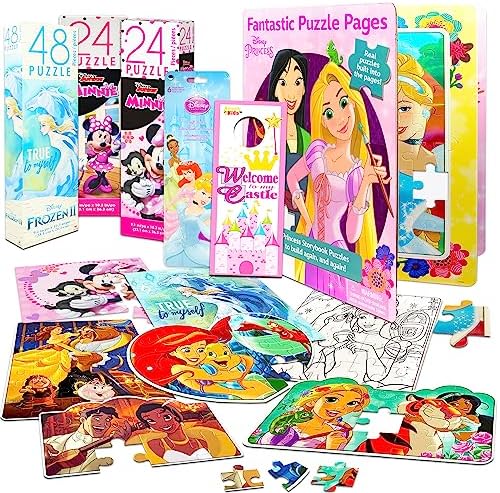 Disney Jigsaw Puzzles for Girls Party Favors Super Bundle ~ 6 Pack Disney Puzzles Featuring Minnie Mouse, Frozen, and Disney Princesses with Stickers (Disney Puzzle Kids)