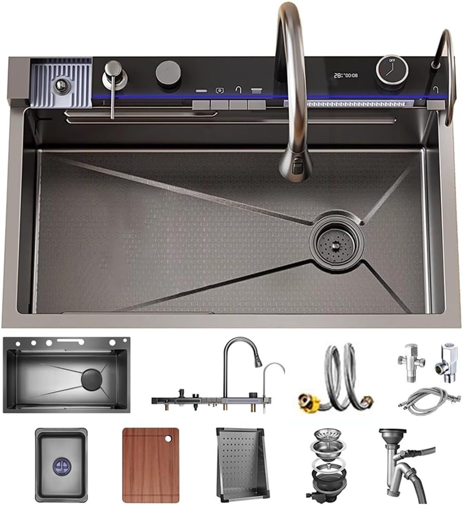 Waterfall Kitchen Sink 80 x 45 cm 1 Basin Stainless Steel Sink Black Multifunctional Bar Counter Sink with Integrated Tap Drain Basket Drain Basin Cup Washing Machine Drainage Component