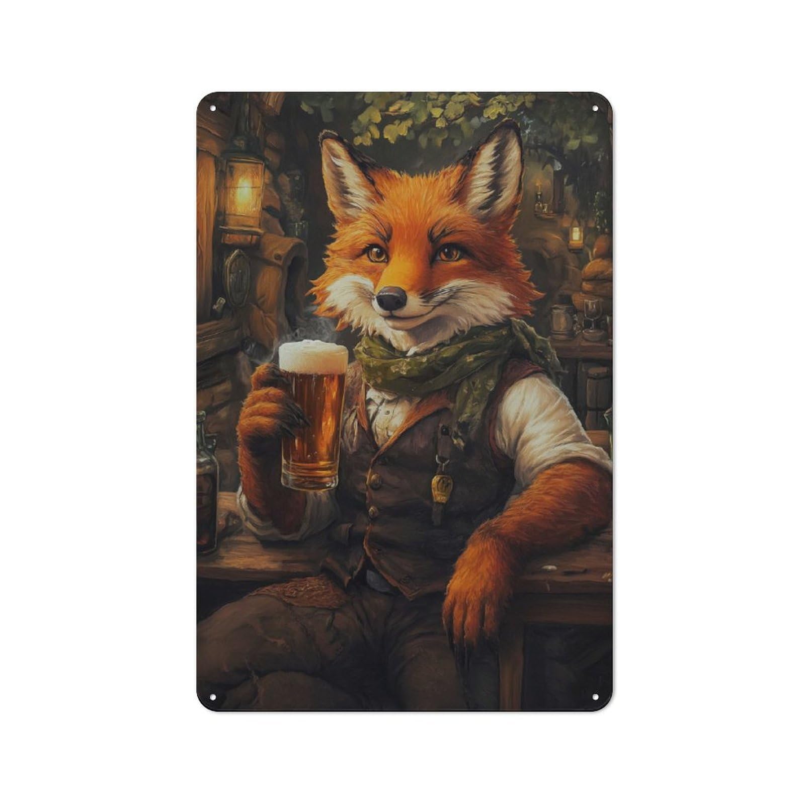 Cottage Style Fox with Beer in Tavern Decorative Tin Sign 30x20cm, Rustic Kitchen Decor for Kitchen, Cottage, Porch Or Garden Room