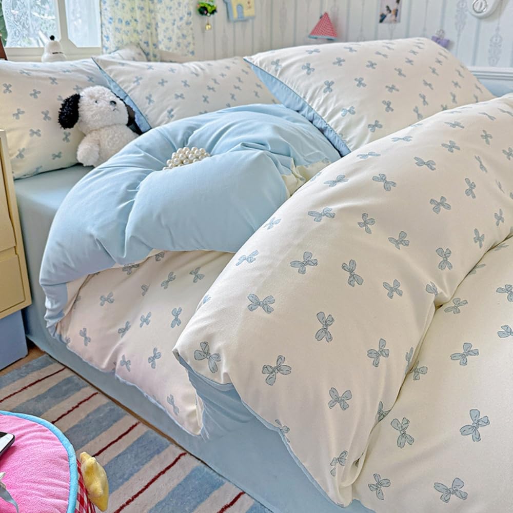 Michorinee Single Duvet Cover Set Blue Bow Tie Print White Bedding Kawaii Reversible Light Blue Girls Aesthetic Cute Microfibre Quilt Cover 135x200 cm with Zipper Closure Pillowcase 50x75 — image 1
