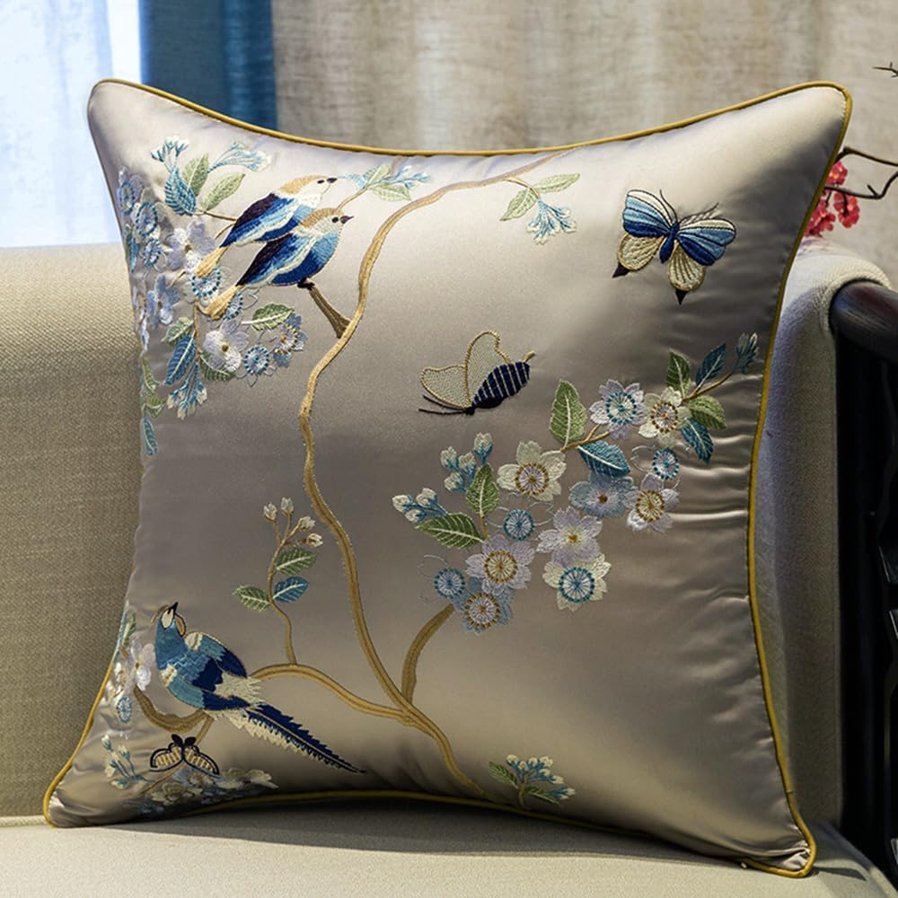 Satin Faux Silk Embroidery Throw Pillow Cover Silky Vintage Chinese Style Cushion Case Couch Bed Living Room Decor 20x20 Inch