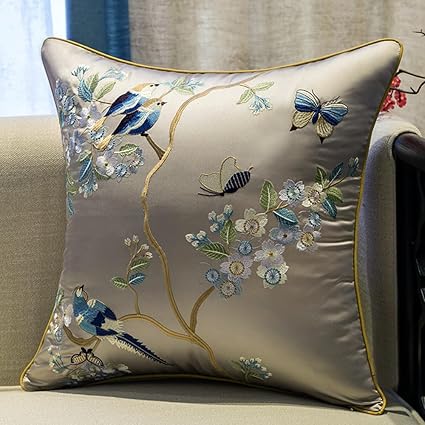 Satin Faux Silk Embroidery Throw Pillow Cover Silky Vintage Chinese Style Cushion Case Couch Bed Living Room Decor 18x18 Inch Grey