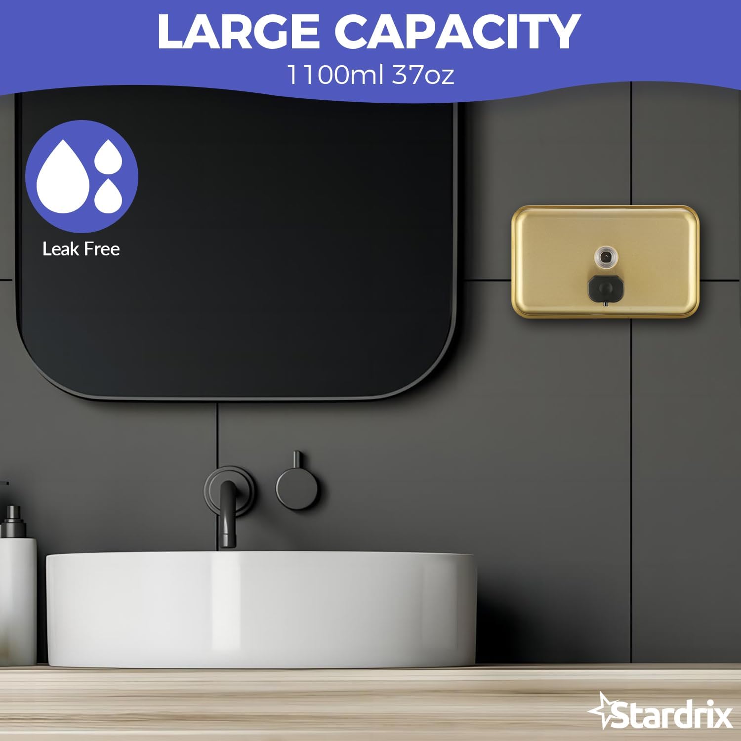 Stardrix Brushed Gold Stainless Steel Horizontal 1100ml/37oz Capacity Commercial-Grade Soap Dispenser, Wall-Mounted Bathroom Hand Soap Dispenser with Corrosion-Proof Lining and Anti-Leak Pump image 4