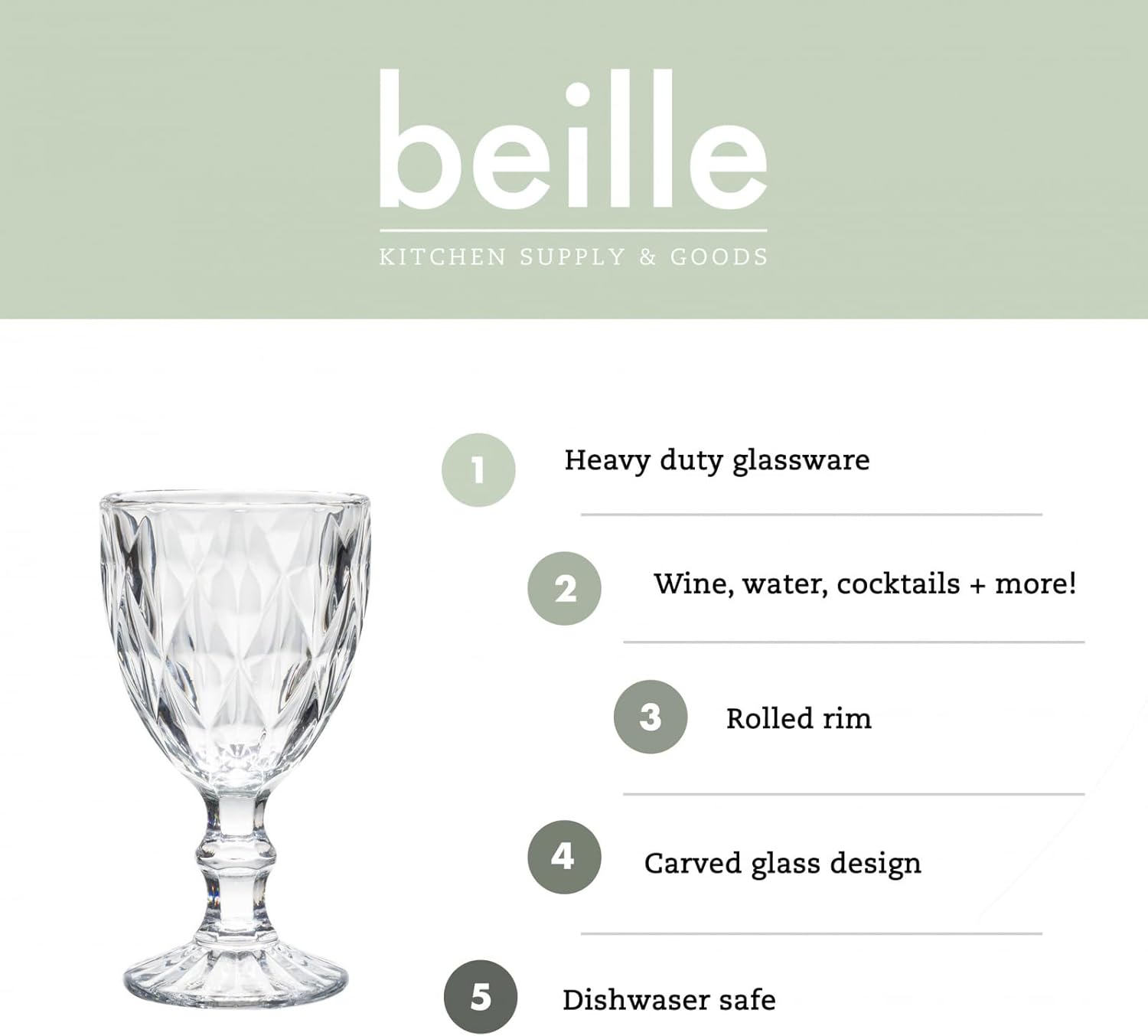 Beille Set of 6 Clear Carved Goblet Water Glasses Home Decor Entertaining Essentials Glassware, 10oz