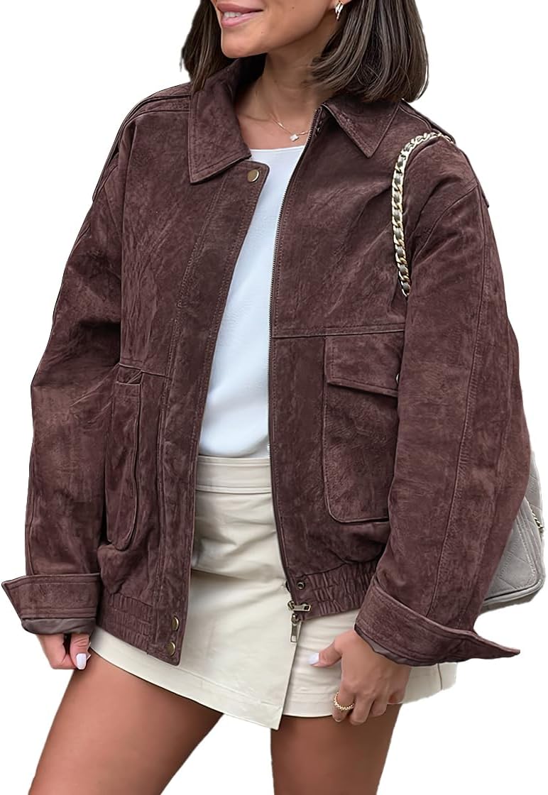 chouyatou Women Vintage Faux Suede Jacket Zip Up Bomber Jacket Lapel Collar Cropped Biker Moto Jacket Coat