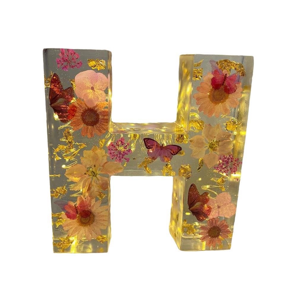 Floral Resin Night Light Letter - Pressed Flower LED Lamp, Personalized Creative Sign for Home, Party, Christmas, Wedding Decor (H)