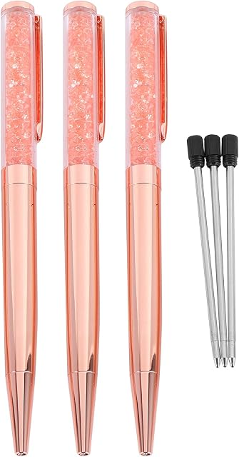 Pyatofyy Crystal Ballpoint Pen Set, 3 Pcs Rose Gold Crystal Pens for Women, Bling Black Ink Pen with 3 Extra Refills
