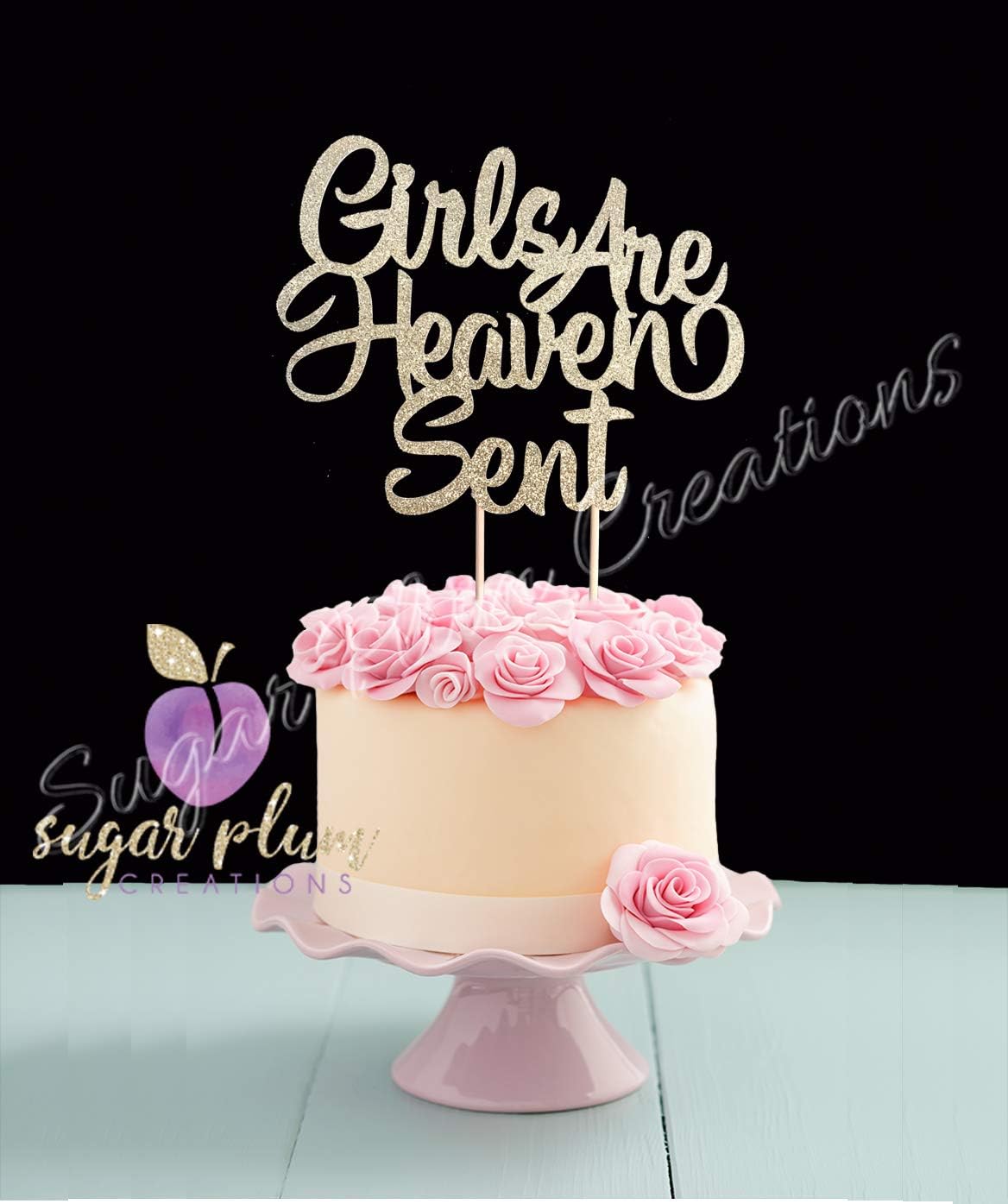 Sugar Plum CreationsGirls are Heaven Sent Gold Glitter Cake Topper, 6.5" W x 4.5" H, Includes 1 Pink Heart, Birthday Occasion