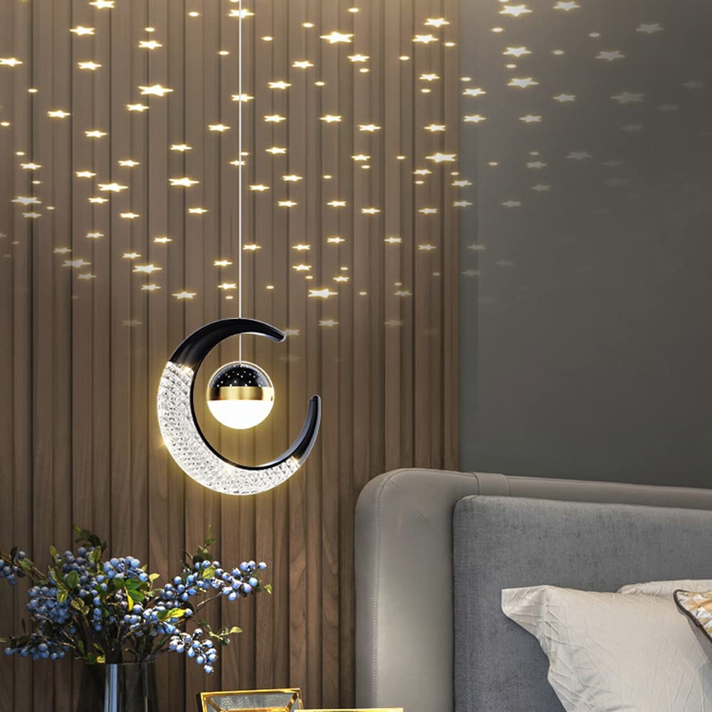 Lampa wisząca w kształcie księżyca Nowoczesny żyrandol 1-punktowa kula pojedyncza lampa wisząca z projekcją gwiazdy Światło LED w kształcie półksiężyca Wisząca lampa opuszczana do pokoju dziecięcego
