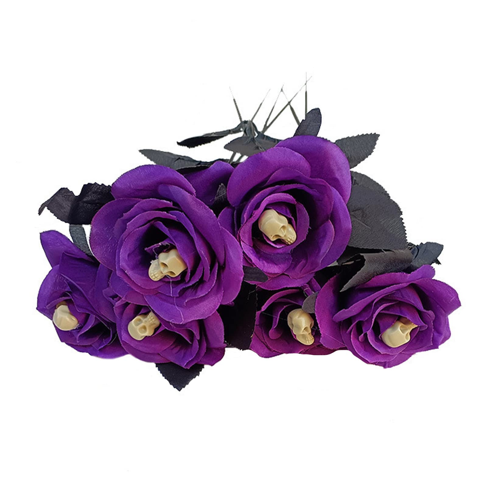 Sempoda 6Pcs Artificial Bloody Roses with Skull Head, Fake Silk Black Rose Branch, Faux Rose Bouquet Flower Arrangement for Halloween Party Home Farmhouse Garden Porch Indoor Outdoor DIY Decor