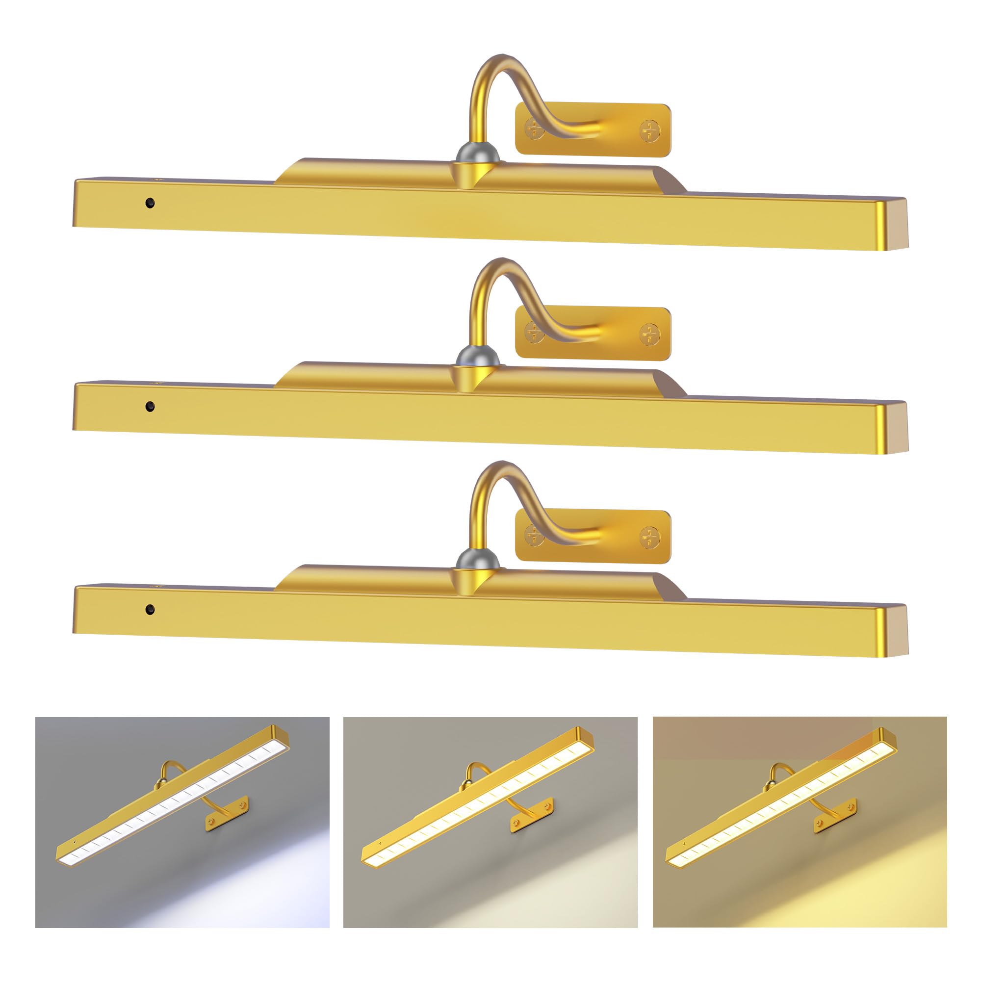 Picture Light 3Pack- 16in Picture Lights for Wall, 5000mAh Wireless Rechargeable Battery Picture Lights, Wall Light, Art Display Light for Gallery Artwork, Paintings, Portraits, Dartboards- Gold — image 1