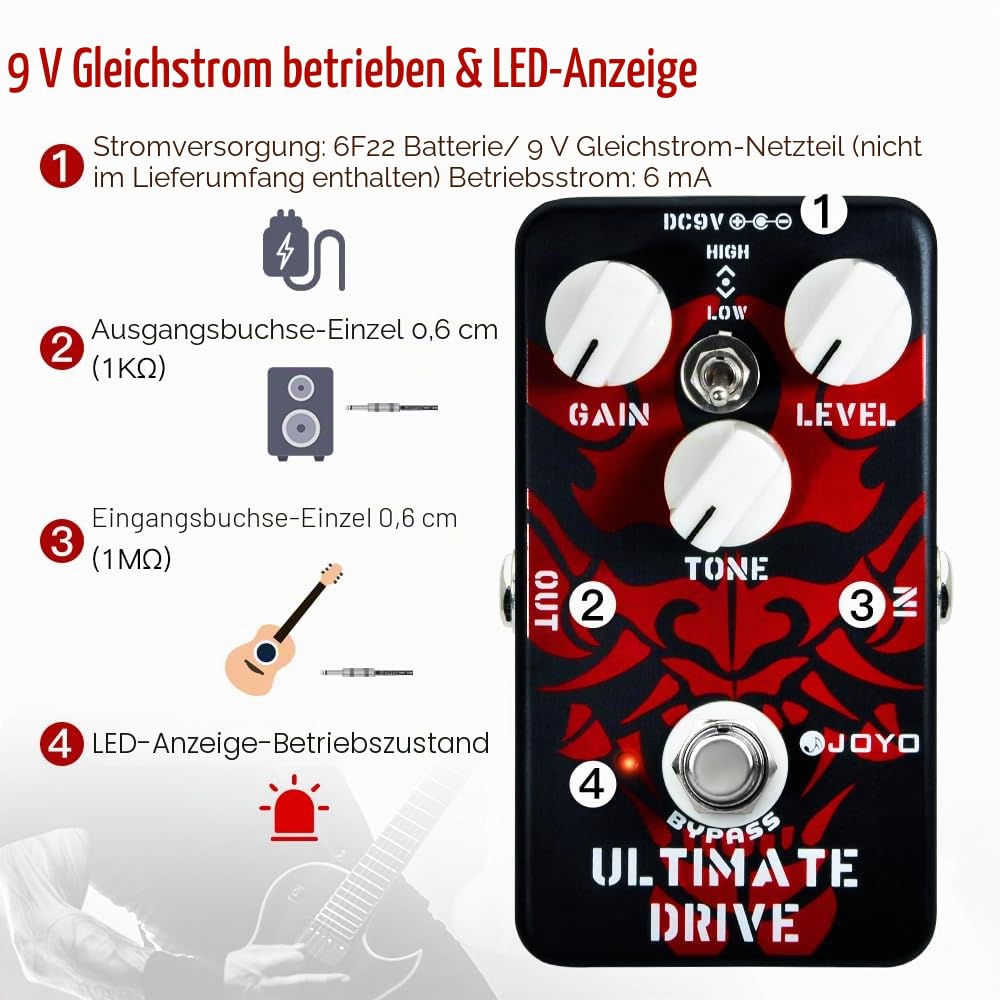 JOYO Ultimate Drive Overdrive Distortion Pedal Reichhaltiger Overdrive für E-Gitarre mit Bypass (JF-02)