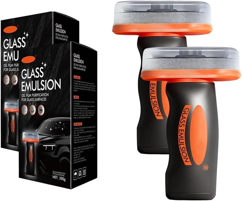 Glass Oil Film Remover for Car,Handheld Glass Oil-Film Remover,Upgrade 100ml Roll-On Glass Compound with Cleaning Board,Removes Oil Film & Smudges,Improve Windshield Clarity for Safe Driving (2 PACK)