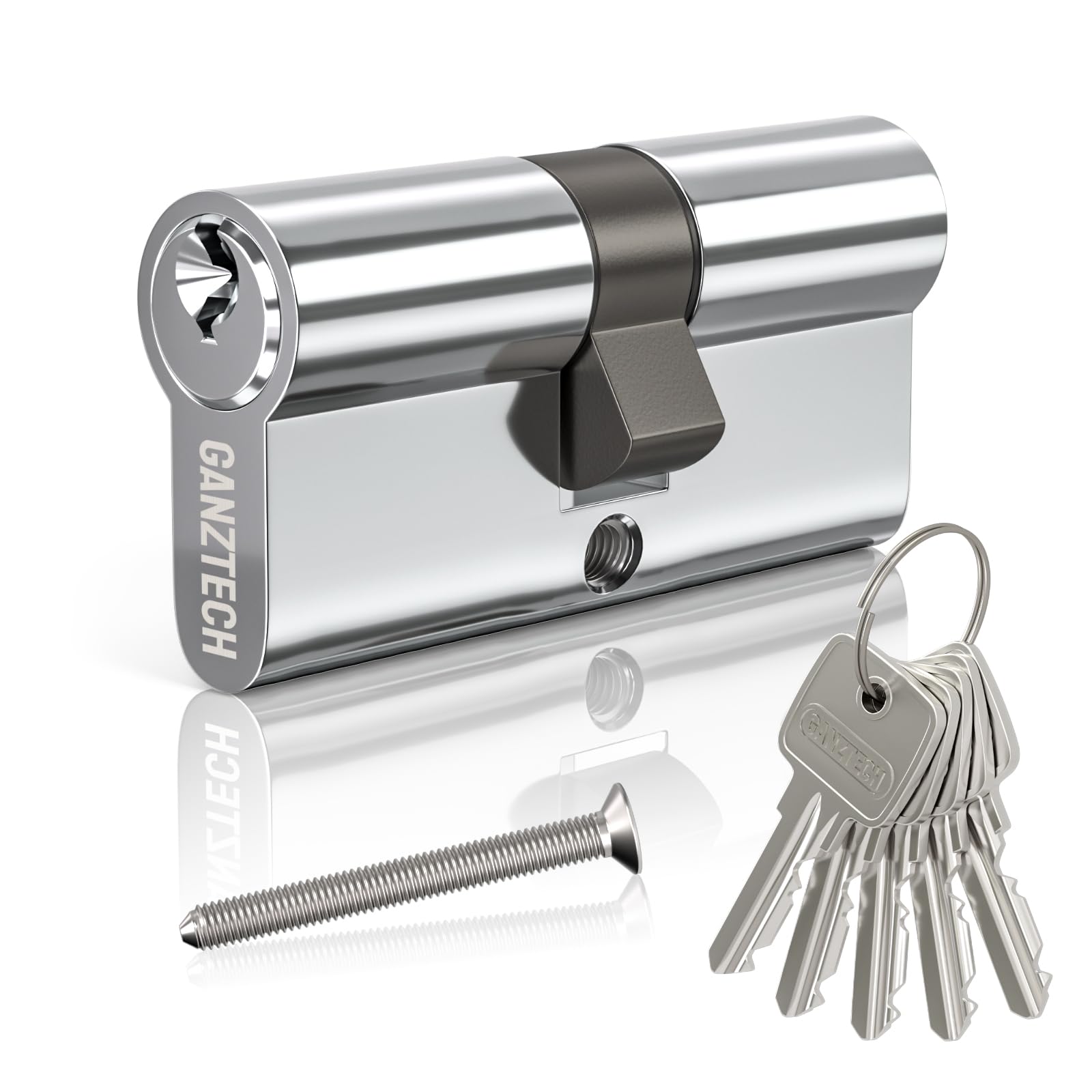 GANZTECH 40/40 (80mm),Chrome Plating Door Barrel Lock,Key Key with 5 Standard Keys,Aluminum Alloy Euro Cylinder Lock,Secure Stable for Wooden,Composite Doors and UPVC
