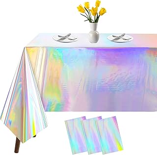 3 Pack Iridescent Tablecloth, 54" x 108" Birthday Party Table Cloths Iridescence Plastic Disposable Table Covers Iridescent Disco Party Decorations, Mermaid Birthday Decor Tablecloth for Buffet Table