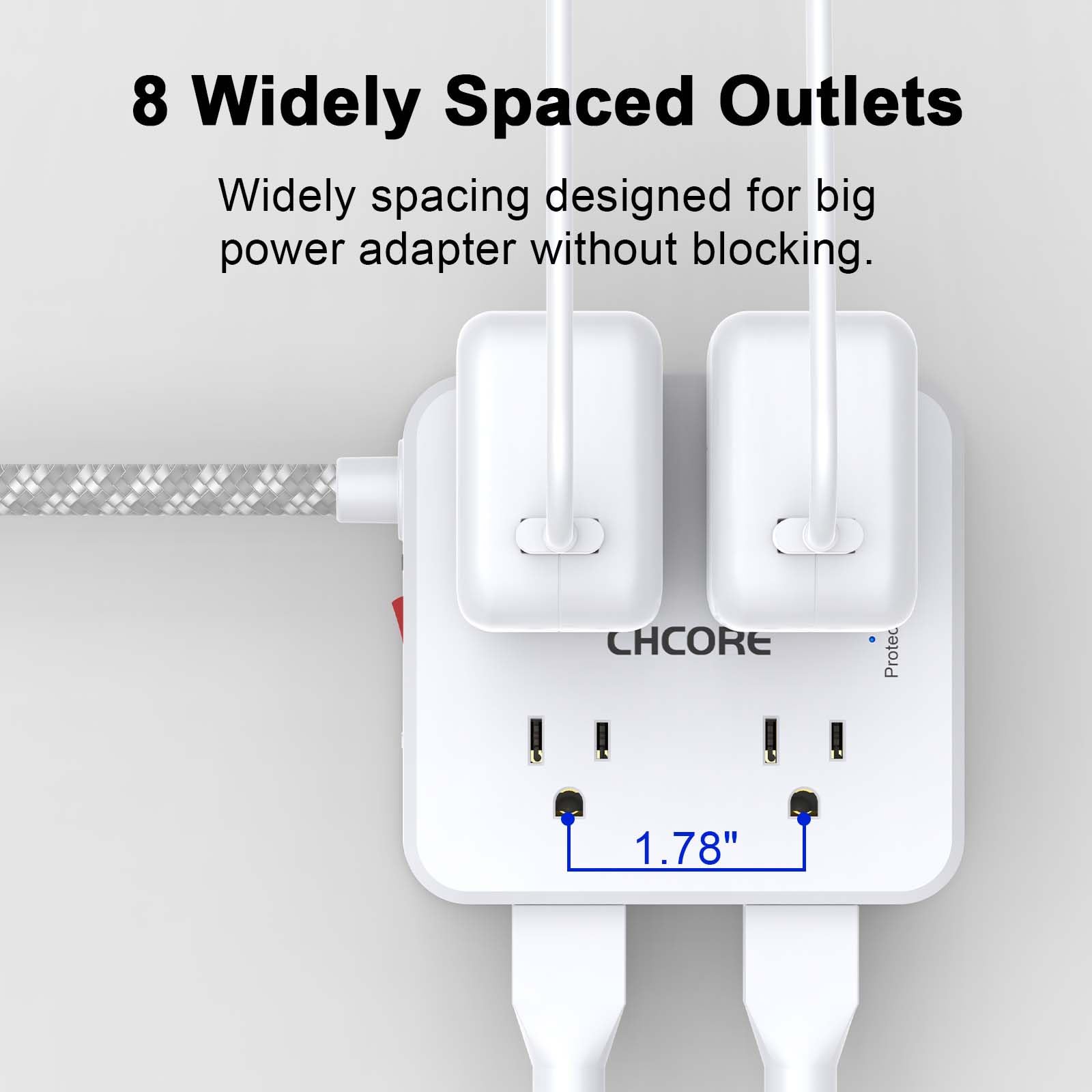 CHCORE 3M geflochtenes Verlängerungskabel mit 8 Steckdosen mit 4 USB Ports (2 USB C) Flachstecker Mehrfachstecker Verlängerungskabel Ladestation für Home Office ETL Farbe: