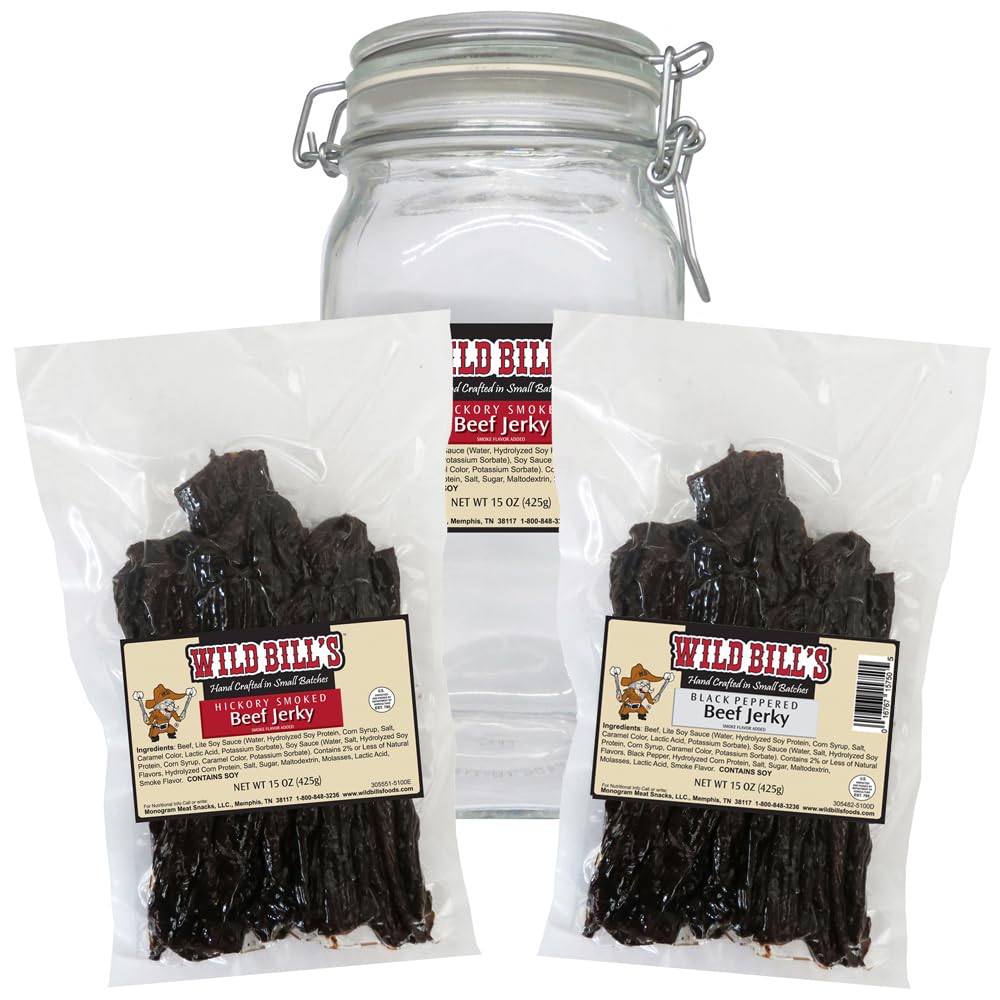 Wild Bill's Mixed Beef Jerky Two-Bag Starter Kit (1 bag Hickory, 1 bag Peppered and 1 jar)