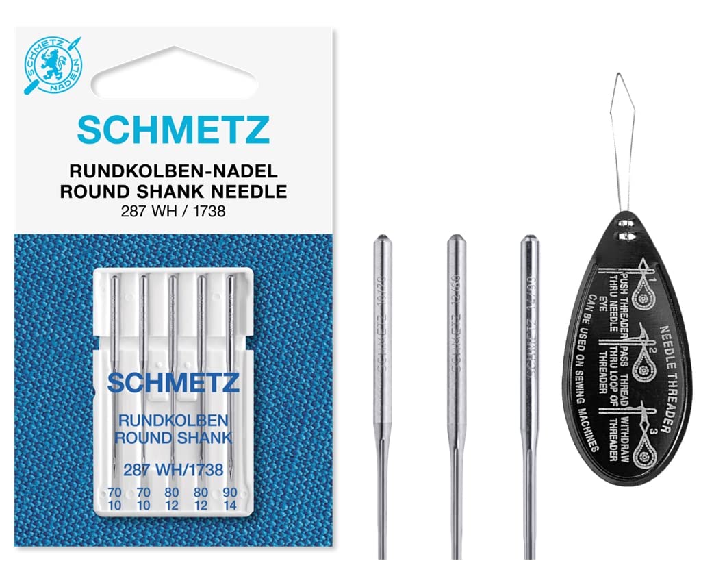 Round Shank (287 WH / 1738 / Flask / Round Piston) Sewing Machine Needles, Various Assorted Mixed Sizes 70/10, 80/12 & 90/14, Includes Large Needle Threader