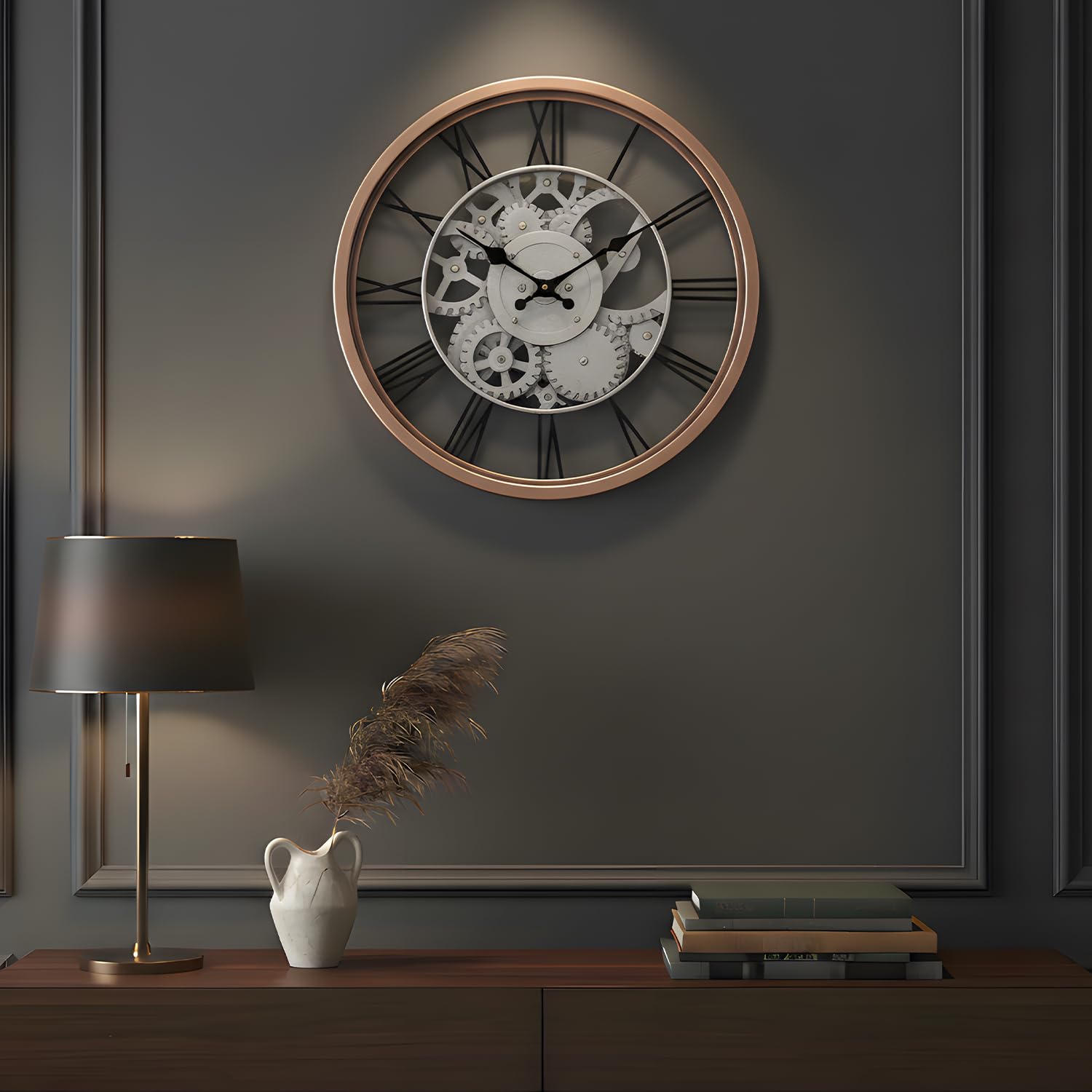 Amazon Basics Plastic Wall Clock with Chrome Finish, Skeleton Dial Design, Lightweight & Durable, 30.5 cm Diameter x 4.3 cm Width, Ideal for Indoor Decor – Rose Gold-image-48