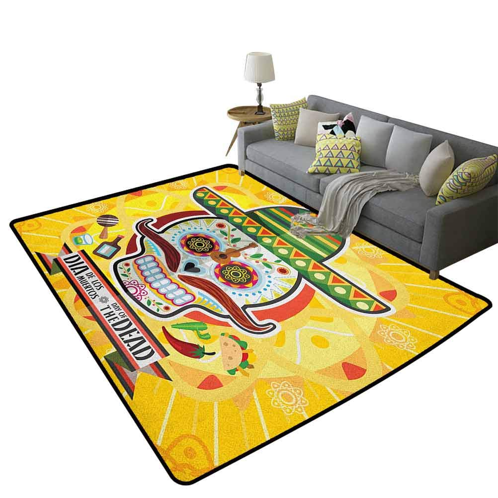 Day of The Dead Stylish Decorative Carpet Mexican Sugar Skull with Tacos and Chili Pepper November 2nd Colorful Art Print European Modern Comfortable Carpet Yellow 47 x 59 Inch