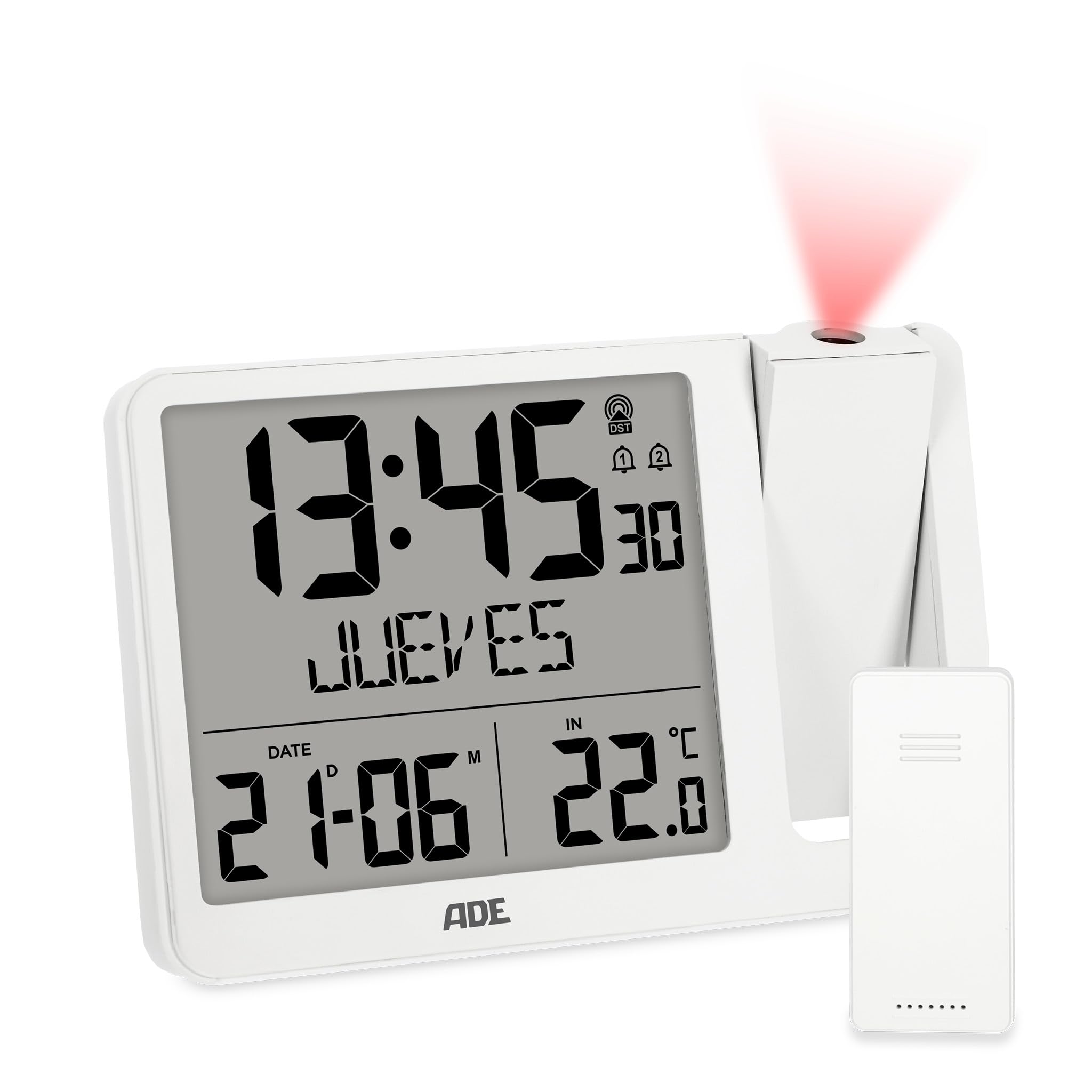 ADE Despertador Digital radiocontrolado con proyección y Sensor Exterior | 2 Horas de Despertador | Reloj con indicación de Temperatura, Fecha y día de la Semana | Incl. Cable de Red | Blanco