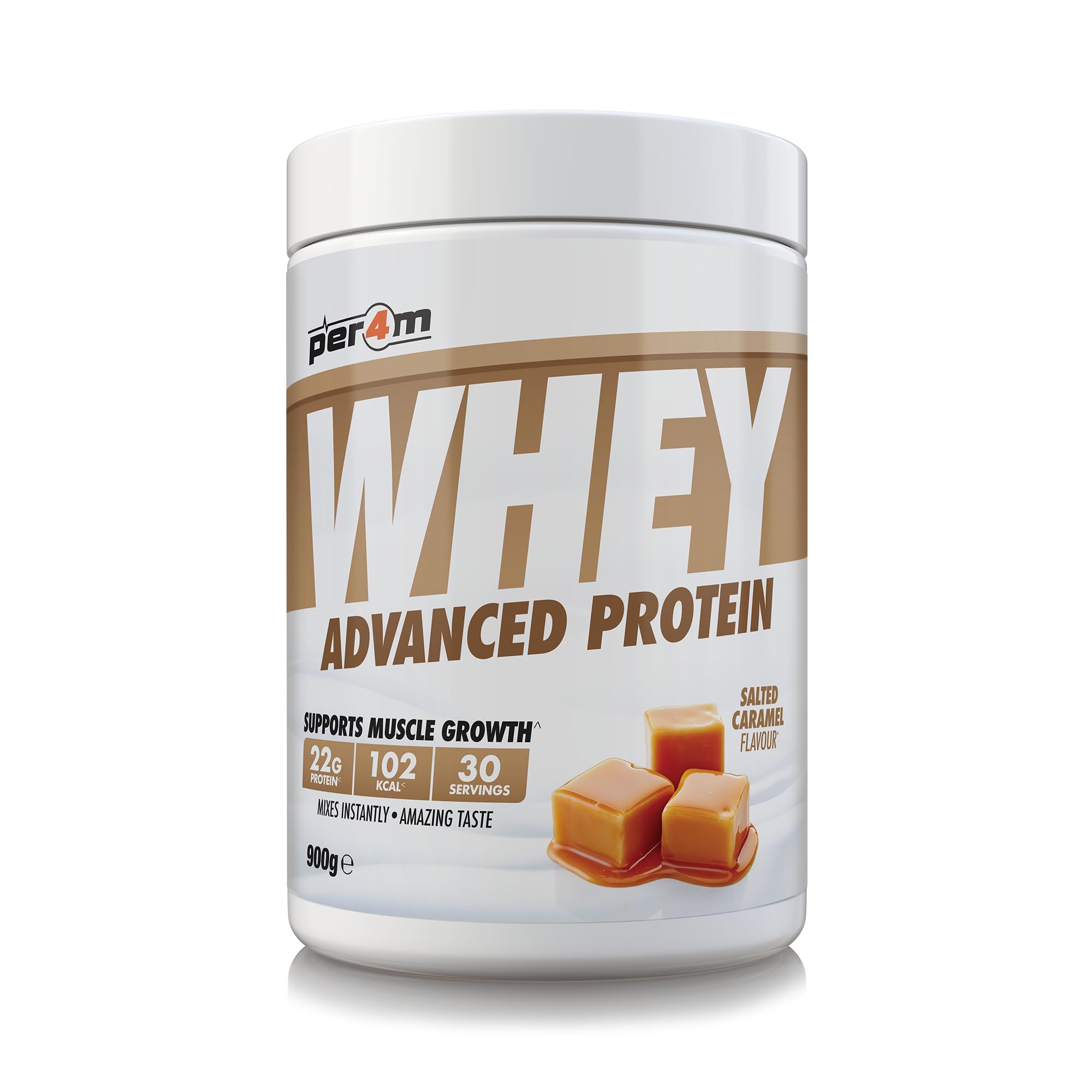 Per4m Whey Protein Powder | High Protein Shake for Muscle Growth & Recovery | Low Sugar Gym Supplement | Sports Nutrition Drink + Amino Acids (900g, Salted Caramel)