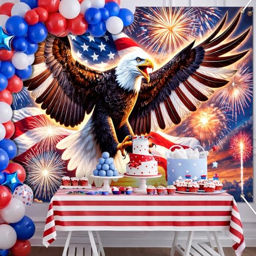 Image of BlissYard 4th of July Backdrop 8x6ft Patriotic Eagle Decorations American Flag Fireworks Banner Independence Day Party Decor for Outdoor Indoor Yard Photo Booth Red White Blue Stars Stripes