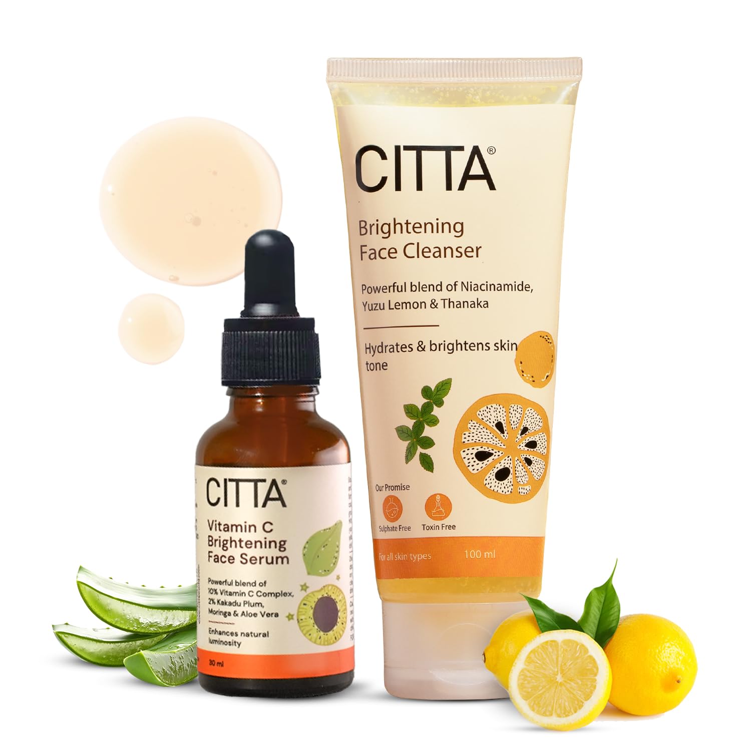 CITTA Brightening Skincare Combo | Yuzu Lemon Brightening Face Wash (100 ml) + 12% Vitamin C Serum (30 ml) | Glowing, Even-Toned, Hydrated Skin | Gentle for Daily Use | Men & Women | Non-Drying, Effective Formula.