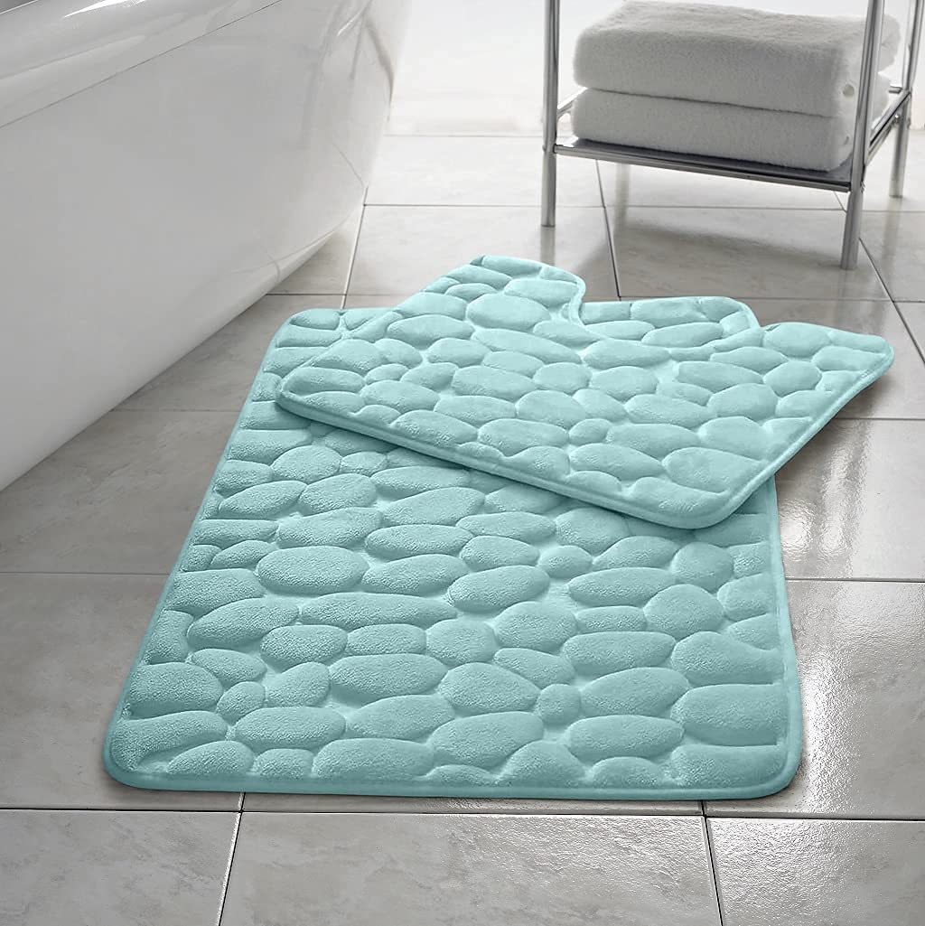 Artistic Fashionista Limited Turquoise Artistic Fashionista Luxury Memory Foam Pebble Bath Mat Set Non-Slip, Absorbable & Washable Pedestal Mat And Bath Mat Bathroom Rug (Turquoise)