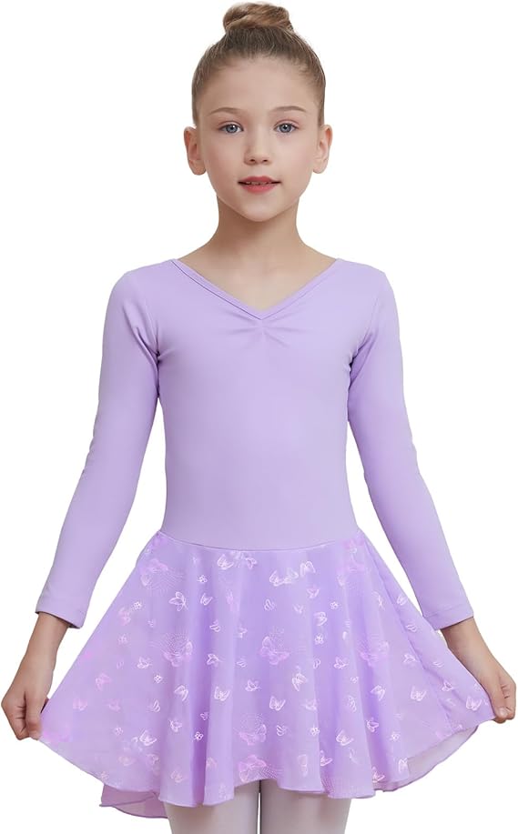 DIPUG Ballet Leotards for Girls Dance Dress with Skirt Shiny Butterfly Long Sleeve