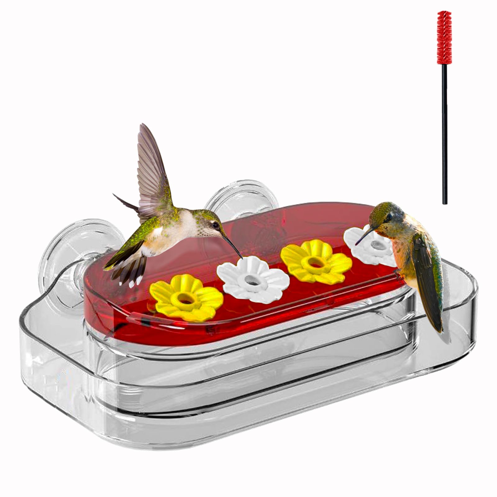Window Bird Feeder with Strong Suction Cups,Clear Hummingbird Feeder for Viewing,4 Ports Flower Bar Humming Bird Feeding Station with Brush,Outdoor Hummingbird Perch, Ant and Bee Proof,10-Ounce