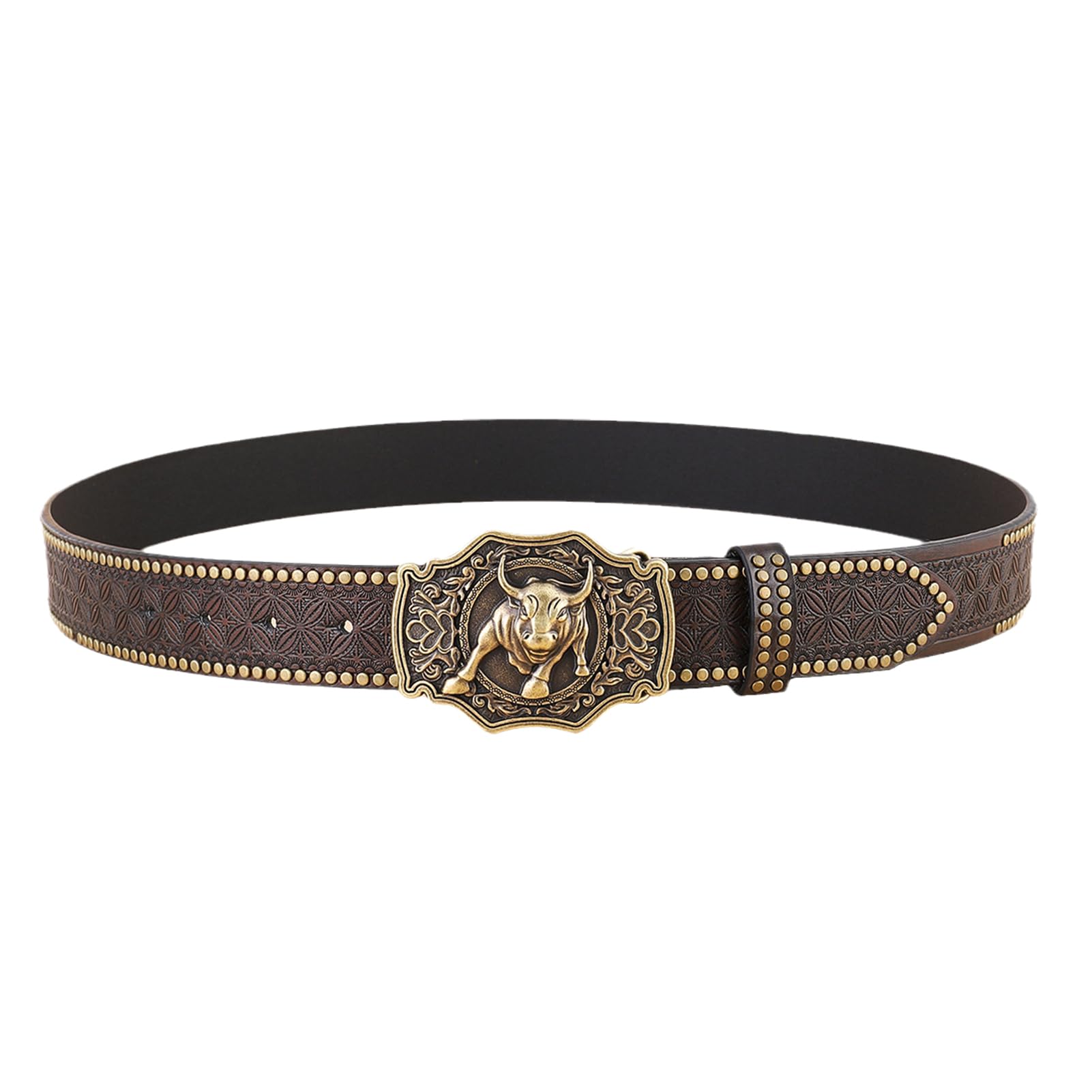 NALANY Embossed Studded Belt with Sculpture Long Horn Bull Rodeo Western Cowboy Buckle Handmade Floral Engraved Waist Strap(110cm/waist:36