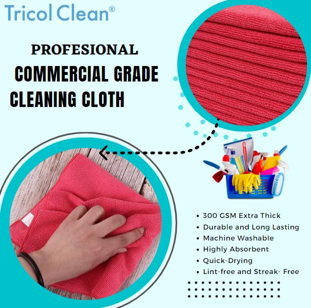 DRI Professional Extra-Thick Microfiber Cleaning Cloth 12 Pack Red (300 GSM, 16in x 16in)