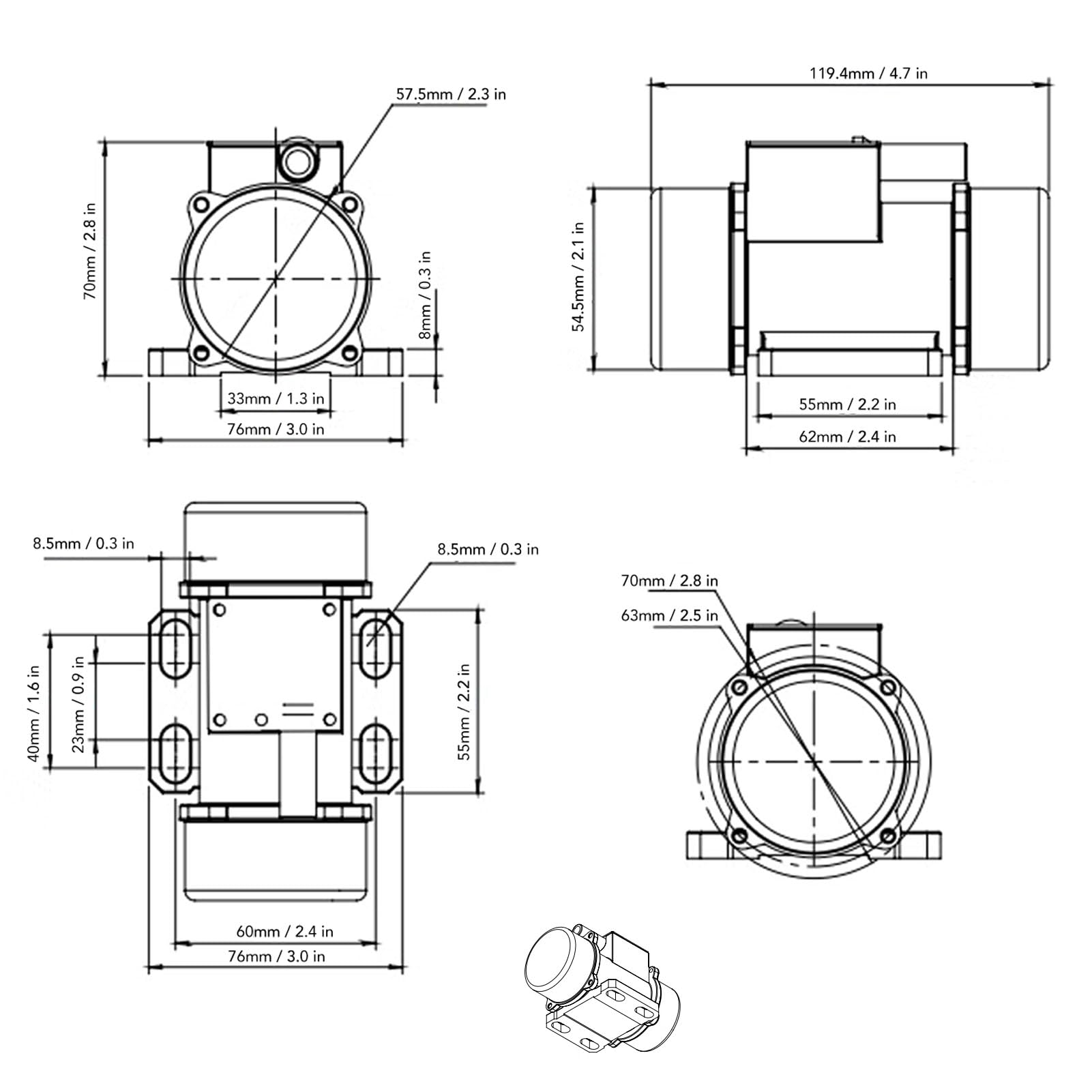 Motor de vibración de 12V Aluminio Aleación de aluminio 4000 rpm Velocidad ajustable Vibrador de concreto de CC sin escobillas para equipos Construcción de minería (15W)