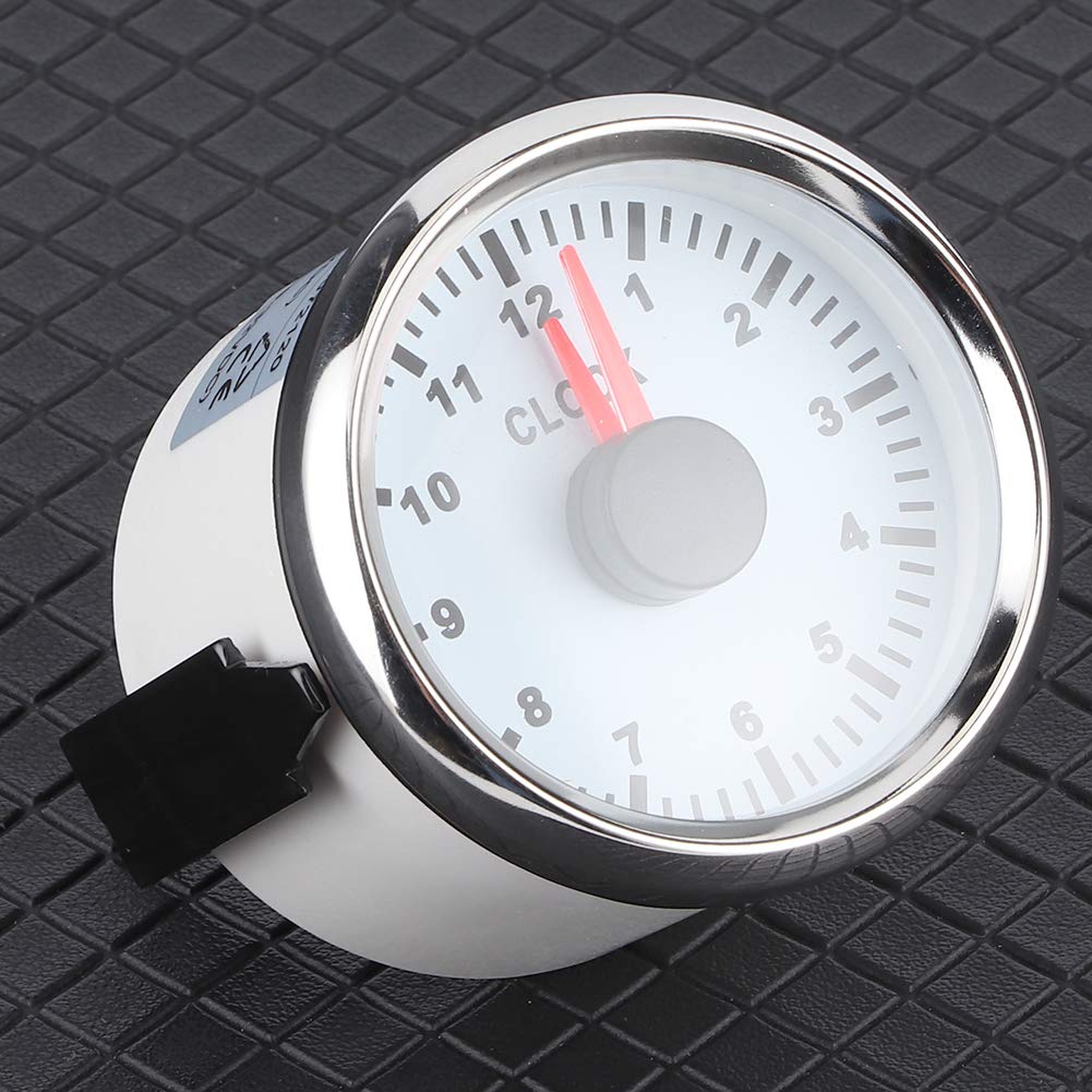 Montre Automatique de Jauge D'horloge Universelle de 2 Pouces Indicateurs de Tableau de Bord 0-12 Heures Affichage Rétro-Éclairage Rouge 12V/24V pour Voiture Bateau Yacht(Cadre argenté sur blanc)