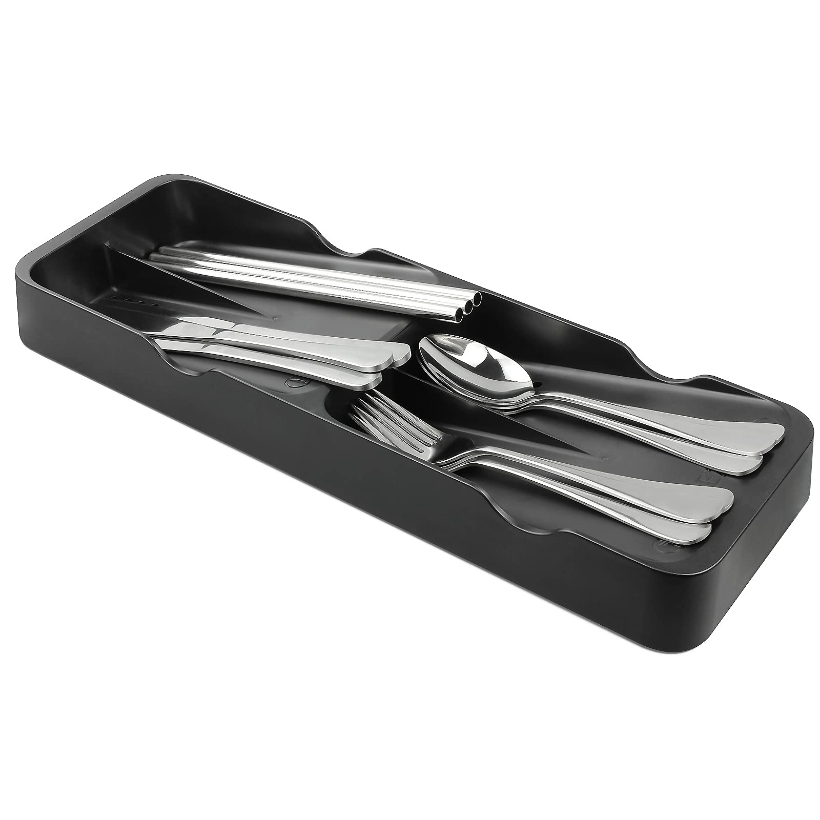 Kitchen Drawer Organizer Tray for Small Silverware Cutlery Utensils Spoon Knife Fork and Straw Gadget Classic Plastic Flatware Organizers (Black)