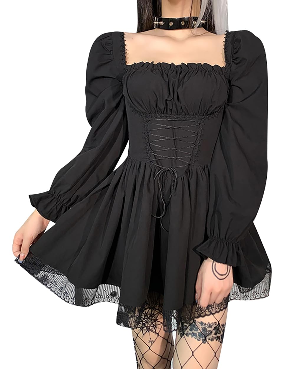 Goth Gothic Lolita Black Aesthetic Puff Sleeve Dress High Waist Mini Vintage Lace Trim Bandage Corset Party Dress