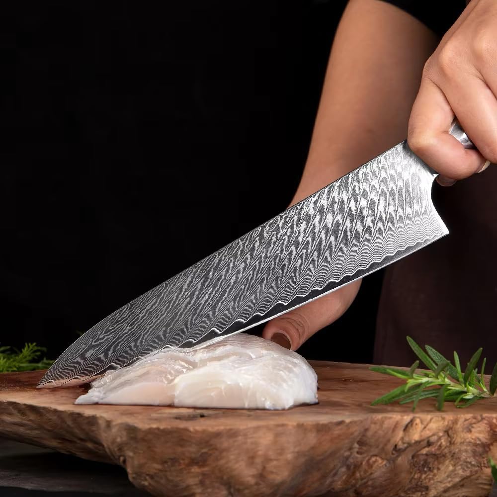 1-9Piece Damascus Steel Kitchen Knives Set Includes Chef Knife,Bread,Cleaver, Santoku,Nakiri Boning Knife(9PCS)